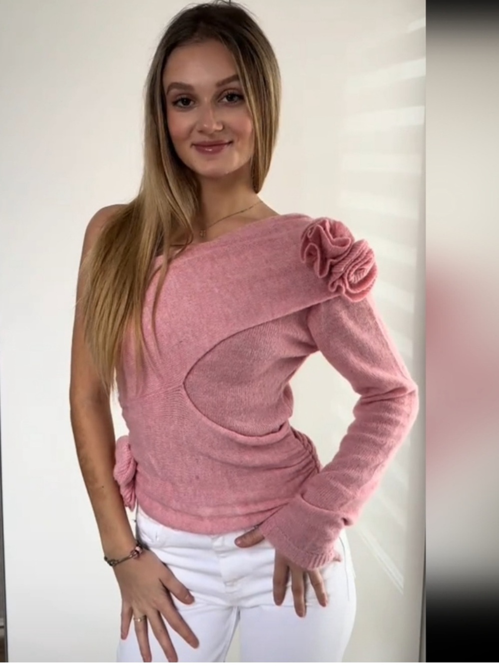Zara raised floral knit top, pastel pink